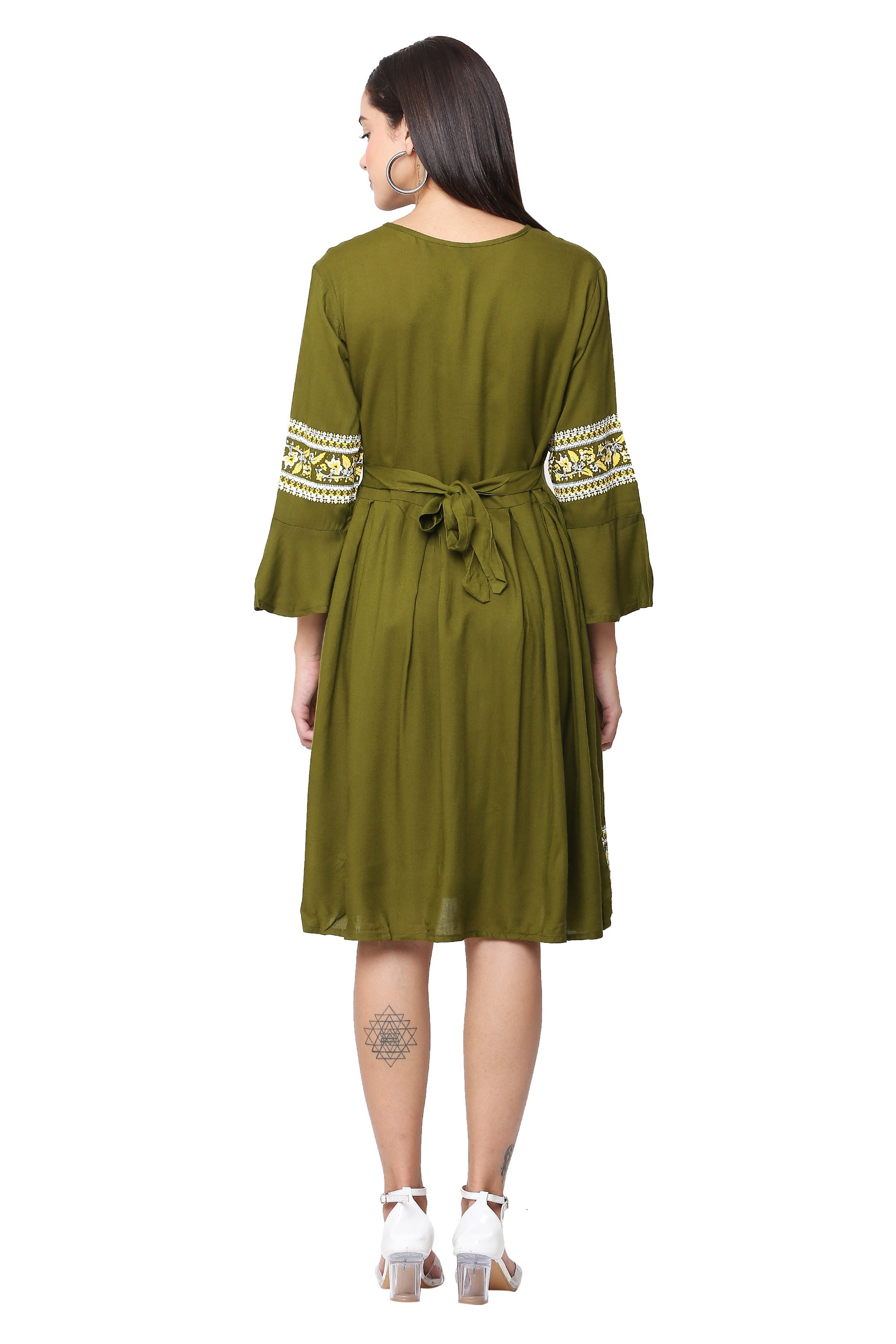 PAVONINE Mehandi Green Color Rayon Fabric Printed Short Midi For Girls