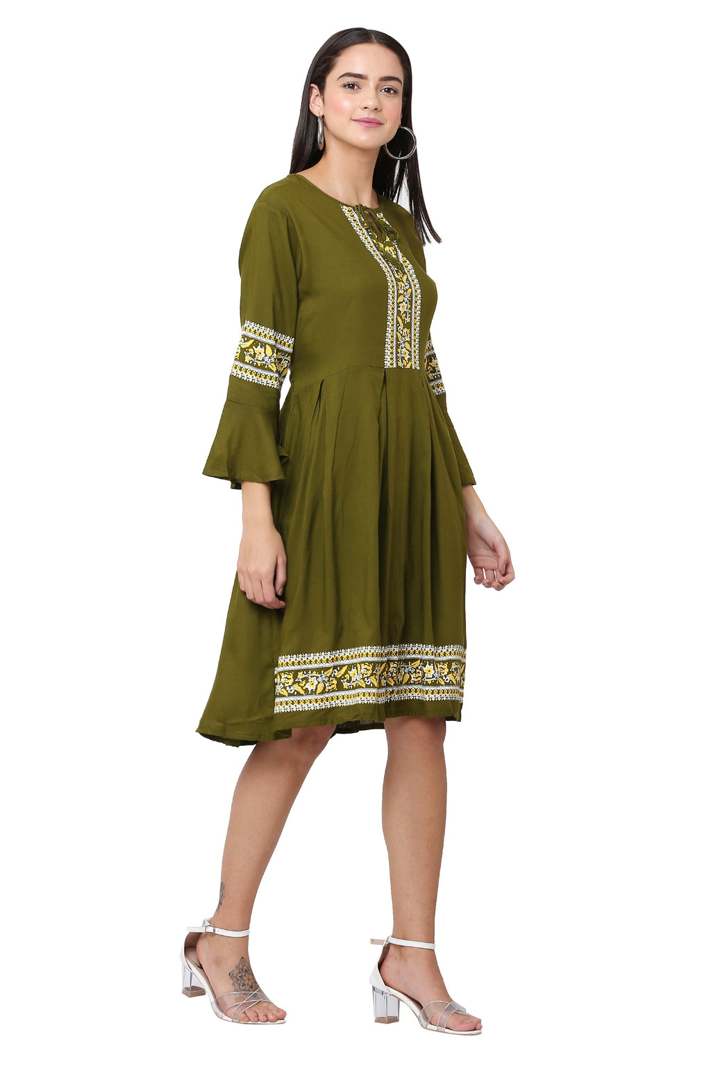 PAVONINE Mehandi Green Color Rayon Fabric Printed Short Midi For Girls