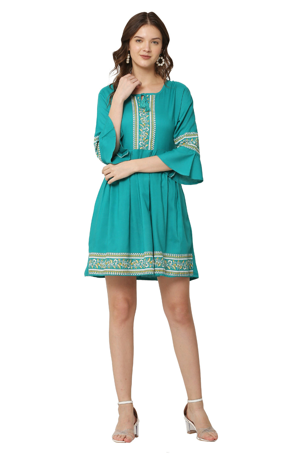 PAVONINE Rama Color Rayon Fabric Printed Short Midi For Girls