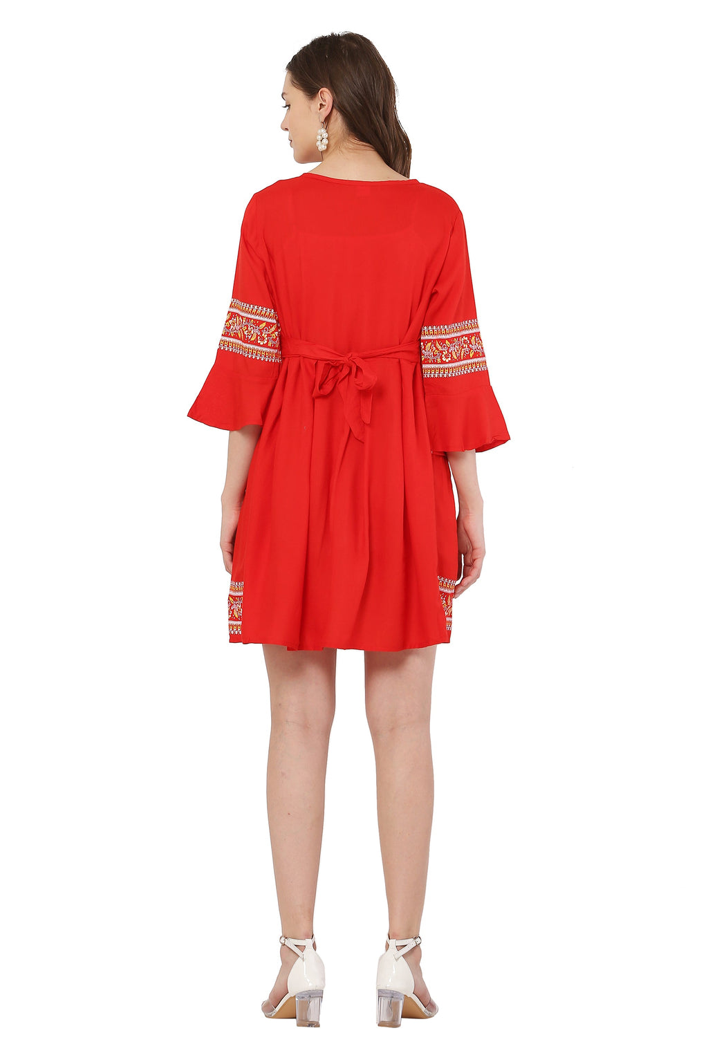 PAVONINE Red Color Rayon Fabric Printed Short Midi For Girls