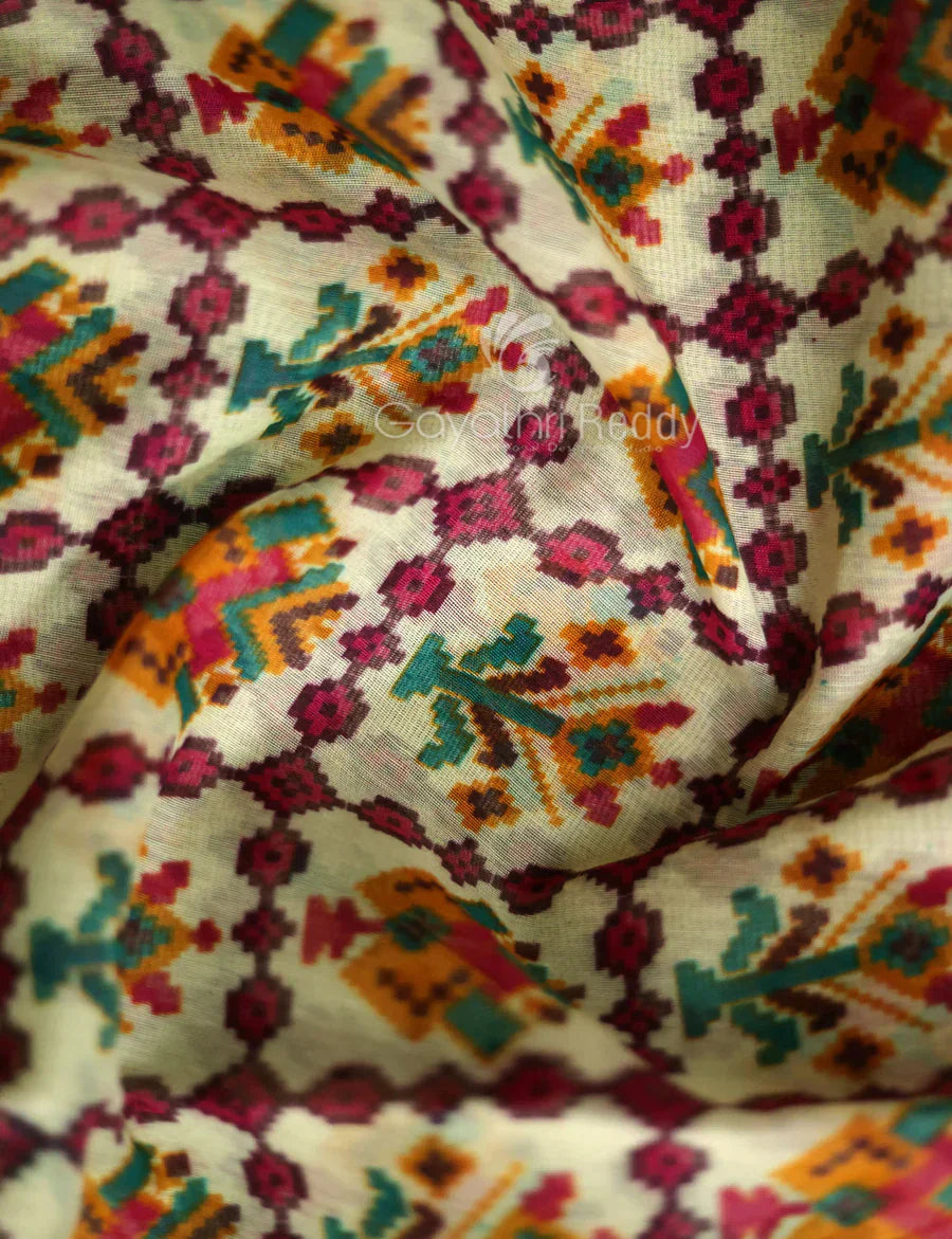 Vibrant Shades of Cream Patola Print Semi Chanderi Saree By Gayathri Reddy Designer Studio