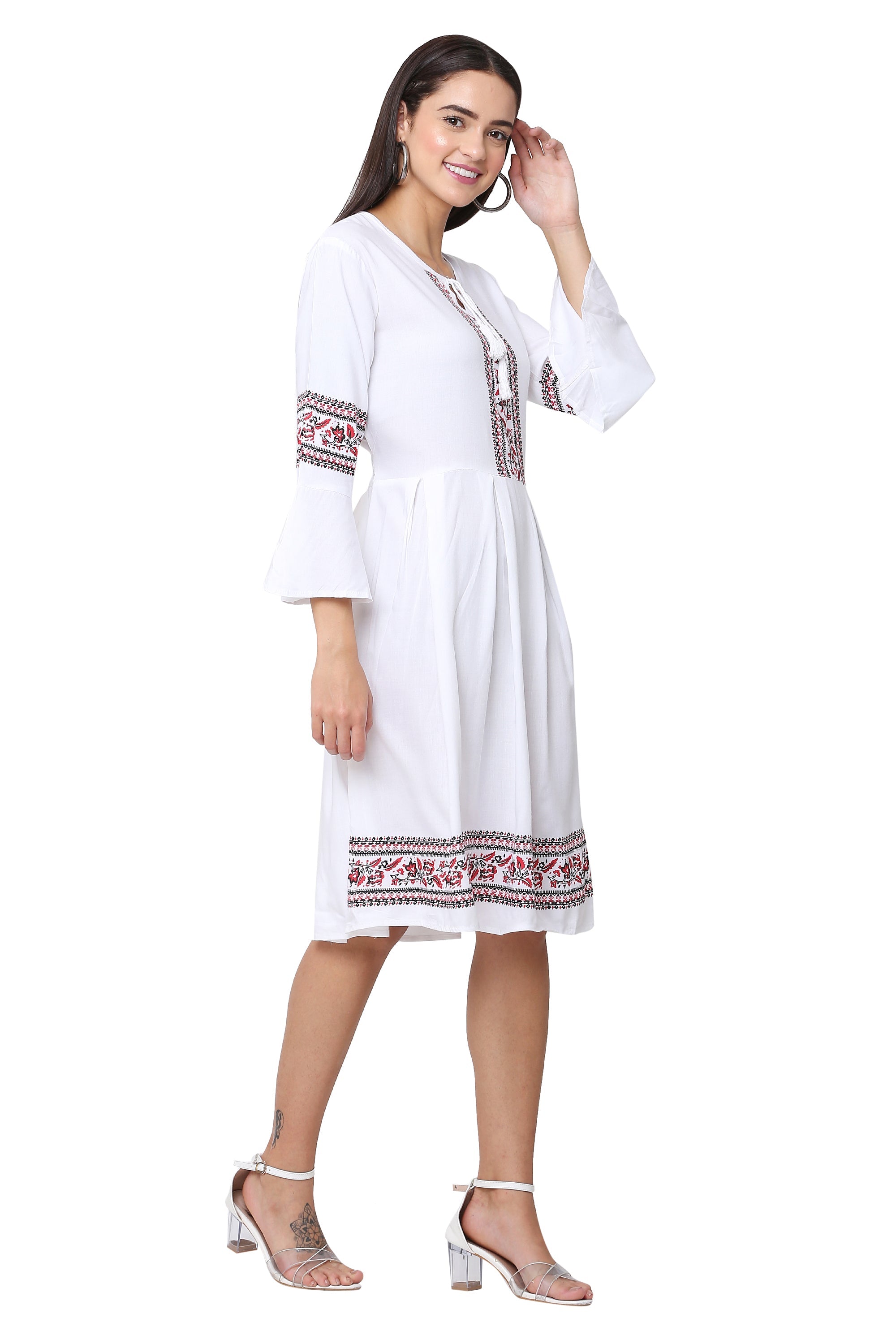 PAVONINE White Color Rayon Fabric Printed Short Midi For Girls