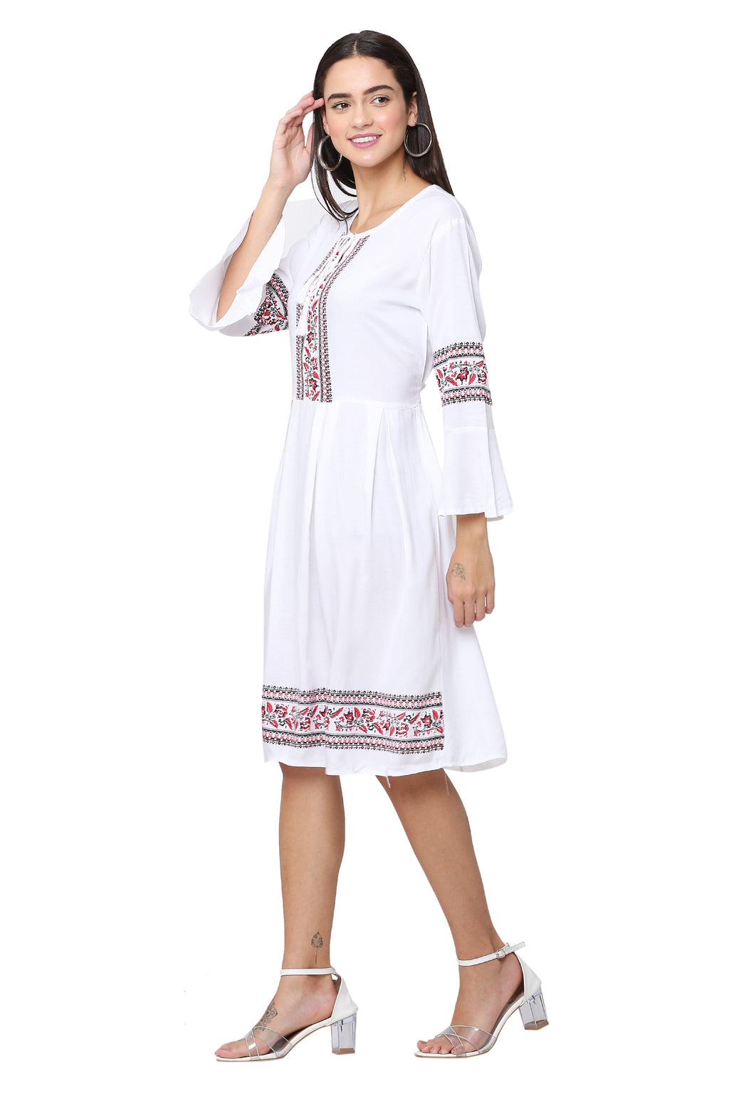 PAVONINE White Color Rayon Fabric Printed Short Midi For Girls