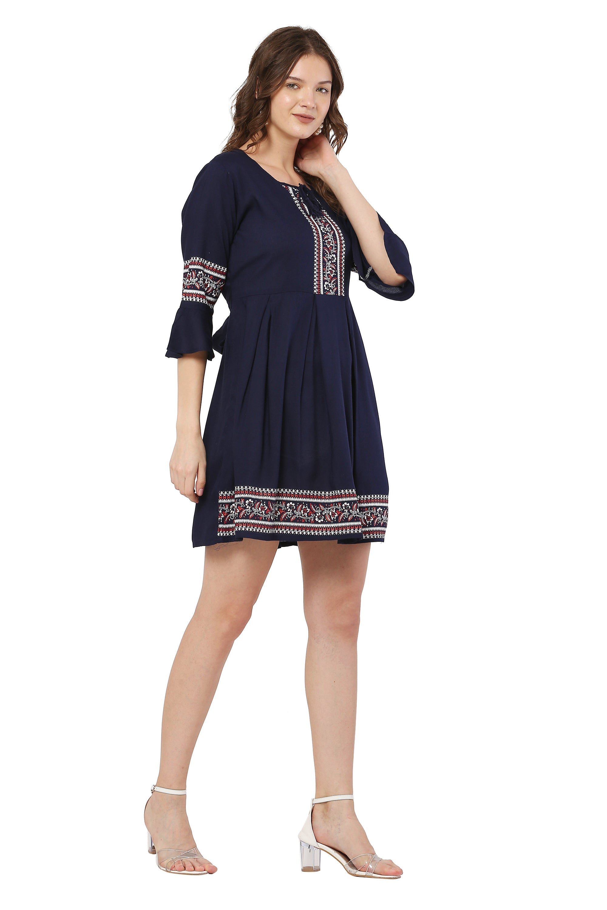 PAVONINE Navy Blue Color Rayon Fabric Printed Short Midi For Girls