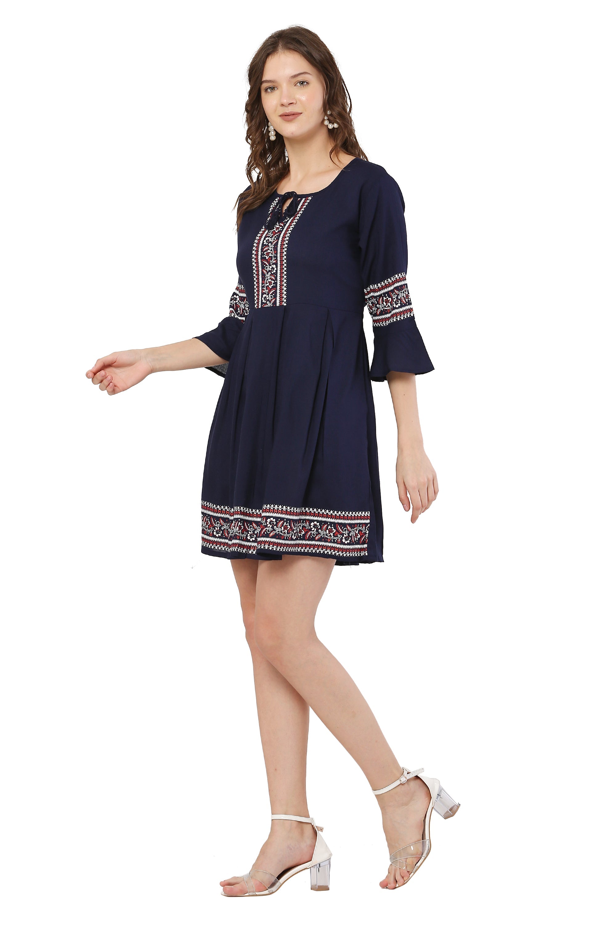 PAVONINE Navy Blue Color Rayon Fabric Printed Short Midi For Girls