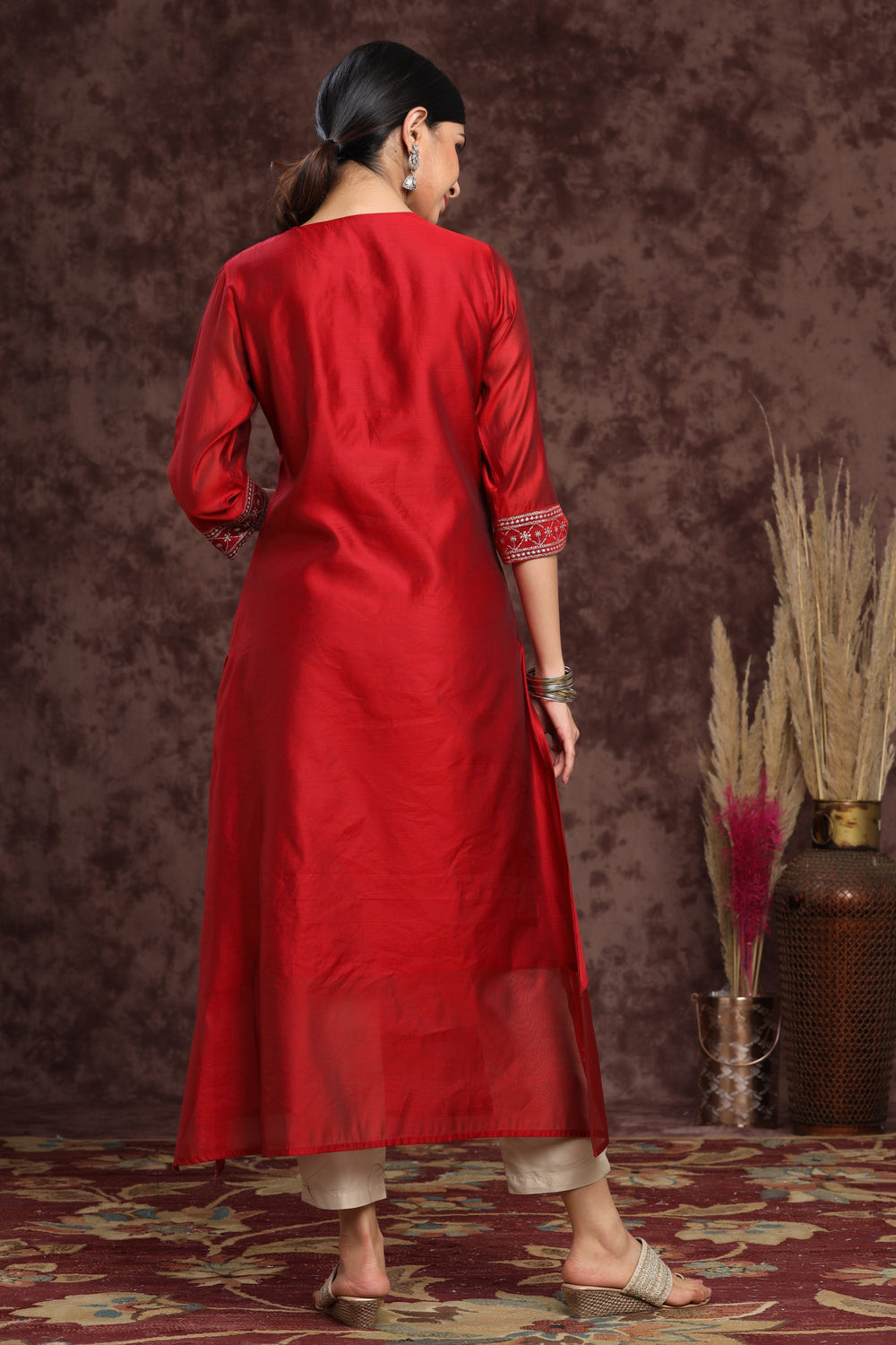 Juniper Women's Maroon Modal Chanderi Printed Straight Kurta