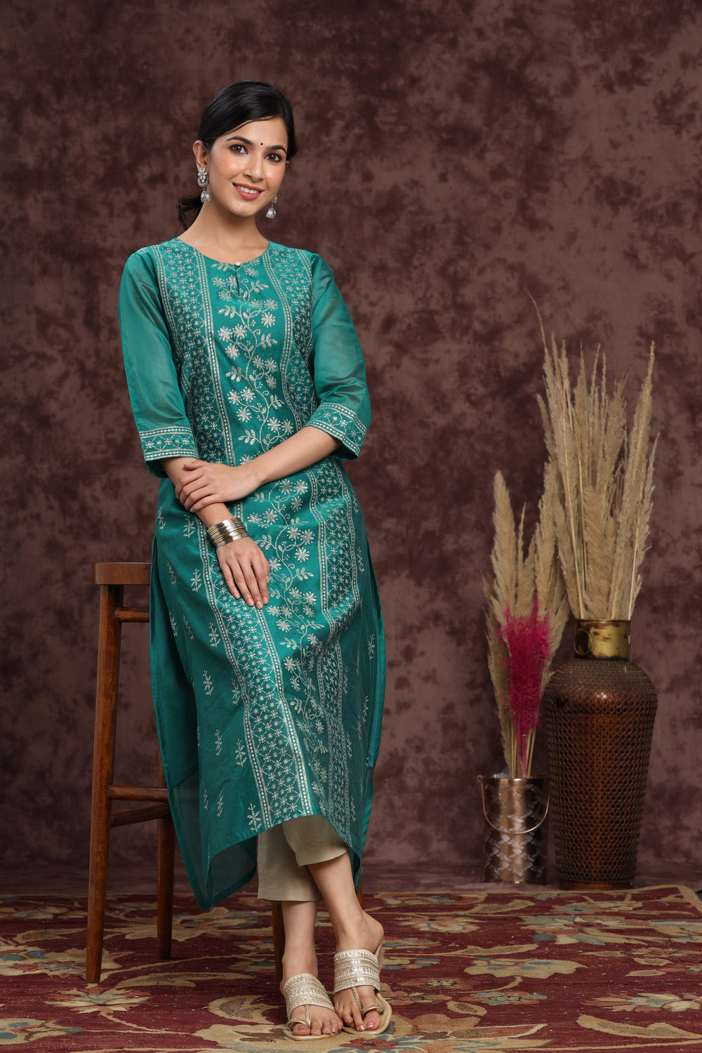 Juniper Women's Ramagreen Modal Chanderi Printed Straight Kurta