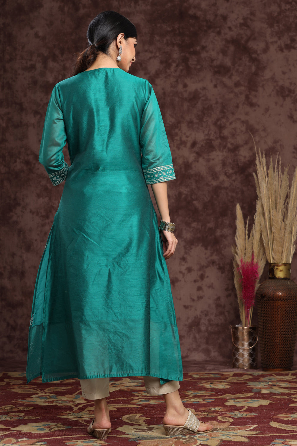 Juniper Women's Ramagreen Modal Chanderi Printed Straight Kurta