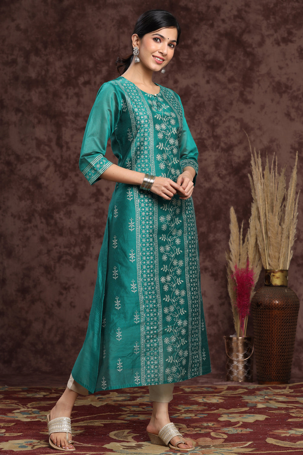 Juniper Women's Ramagreen Modal Chanderi Printed Straight Kurta