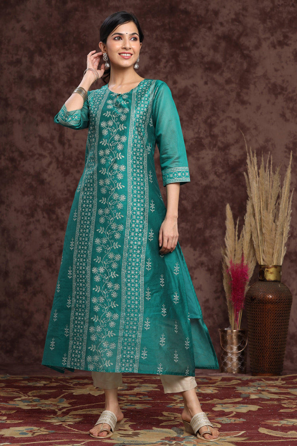 Juniper Women's Ramagreen Modal Chanderi Printed Straight Kurta