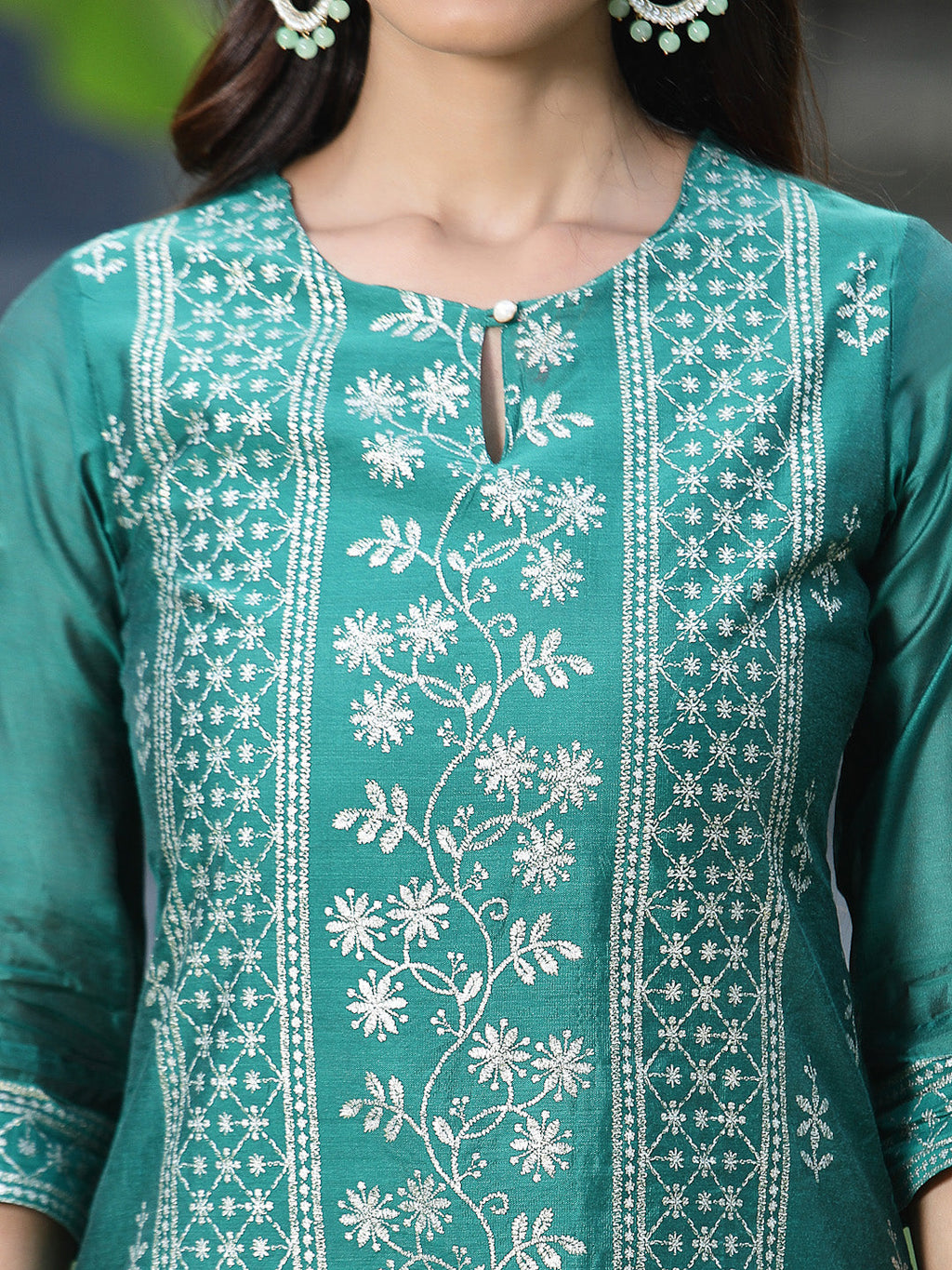 Juniper Womens Ramagreen Modal Chanderi Foil Printed Straight Kurta