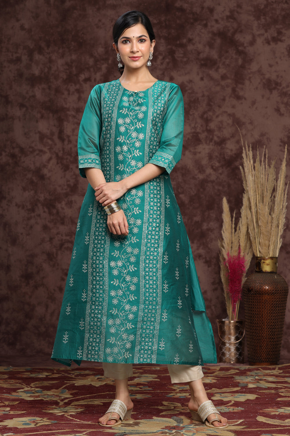 Juniper Women's Ramagreen Modal Chanderi Printed Straight Kurta