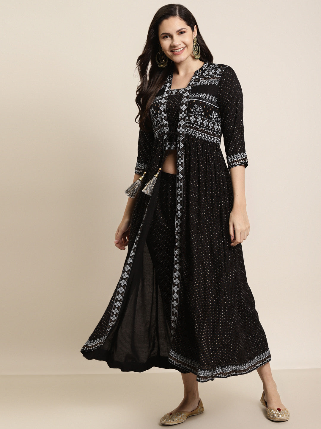 Juniper Women Black Rayon Printed Jacket Style Kurta Sets