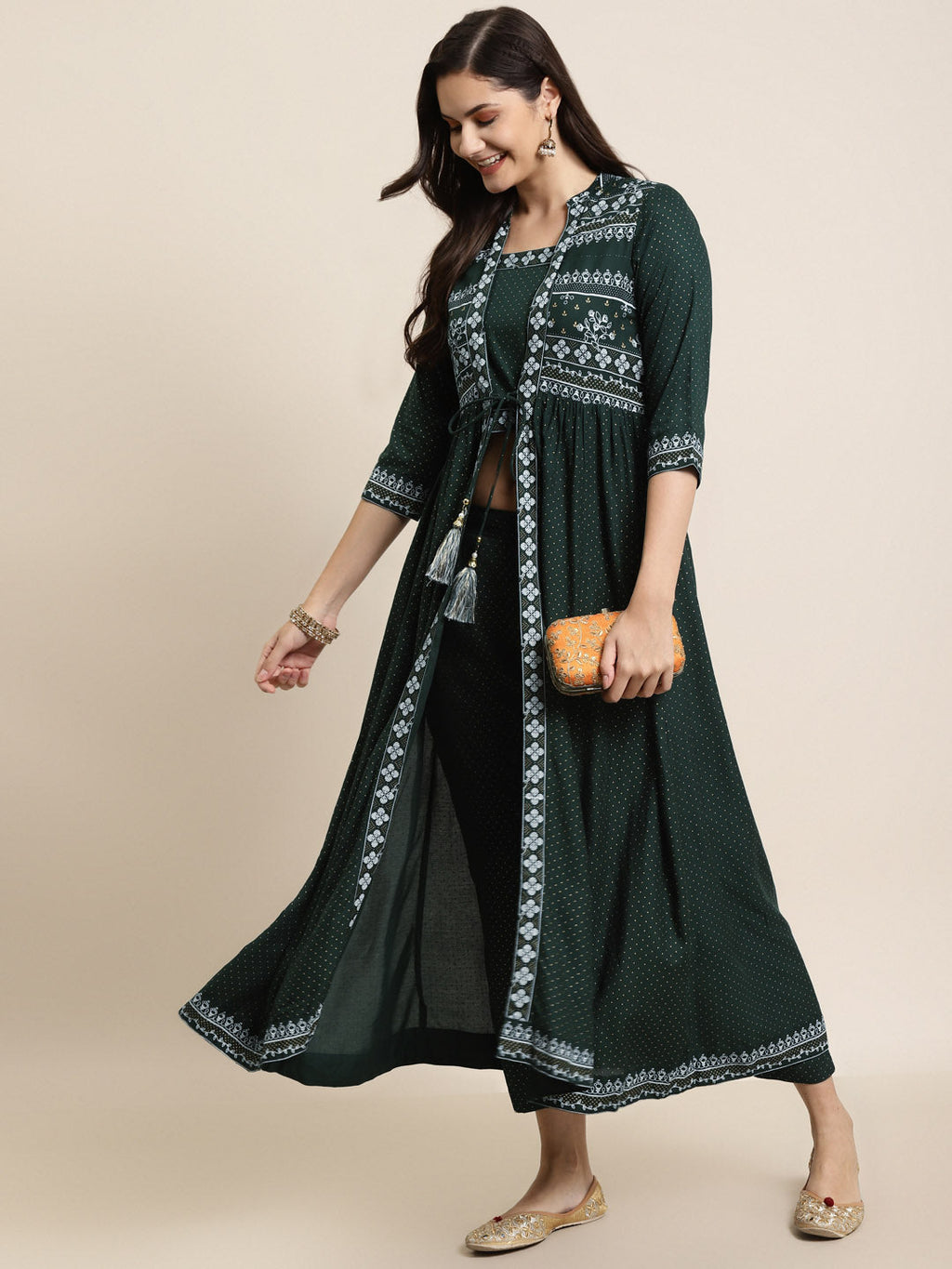 Juniper Womens Jadegreen Rayon Ethnic Printed Jacket Style Kurta Pant Set