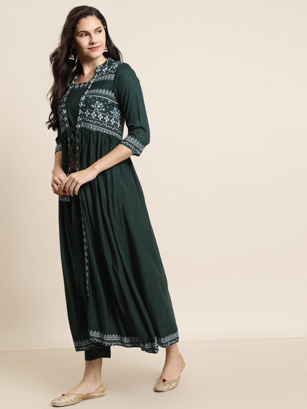 Juniper Womens Jadegreen Rayon Ethnic Printed Jacket Style Kurta Pant Set