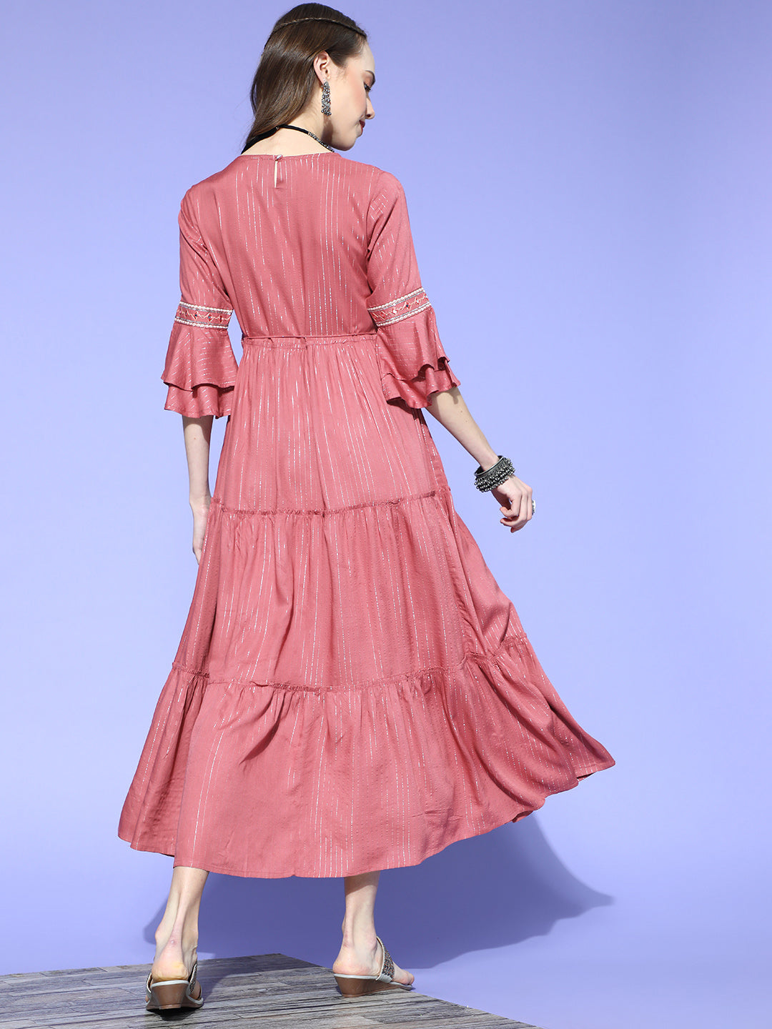 Juniper Women Rosepink Rayon Lurex Embroidered Tiered Dress