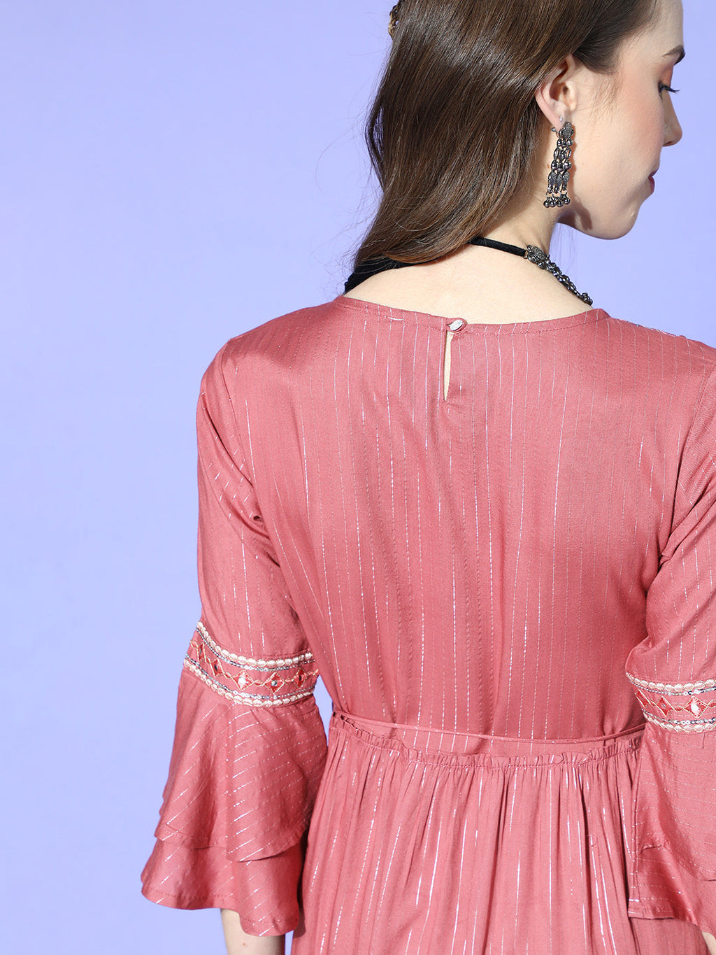 Juniper Women Rosepink Rayon Lurex Embroidered Tiered Dress
