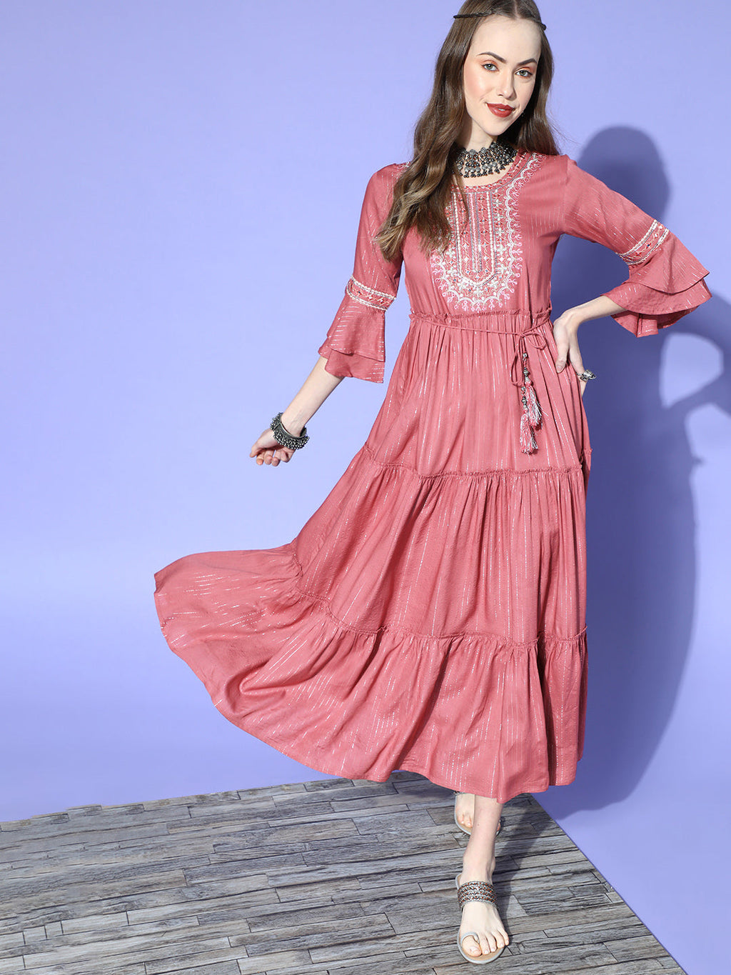 Juniper Women Rosepink Rayon Lurex Embroidered Tiered Dress