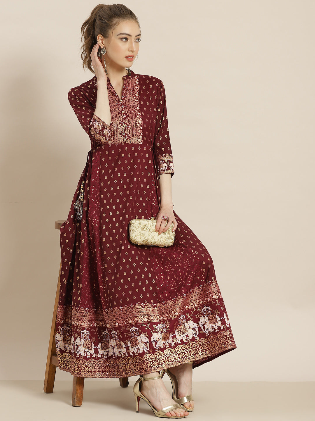 Juniper Womens Wine Rayon Ethnic Motif Foil Printed Festive Flared Maxi Dress