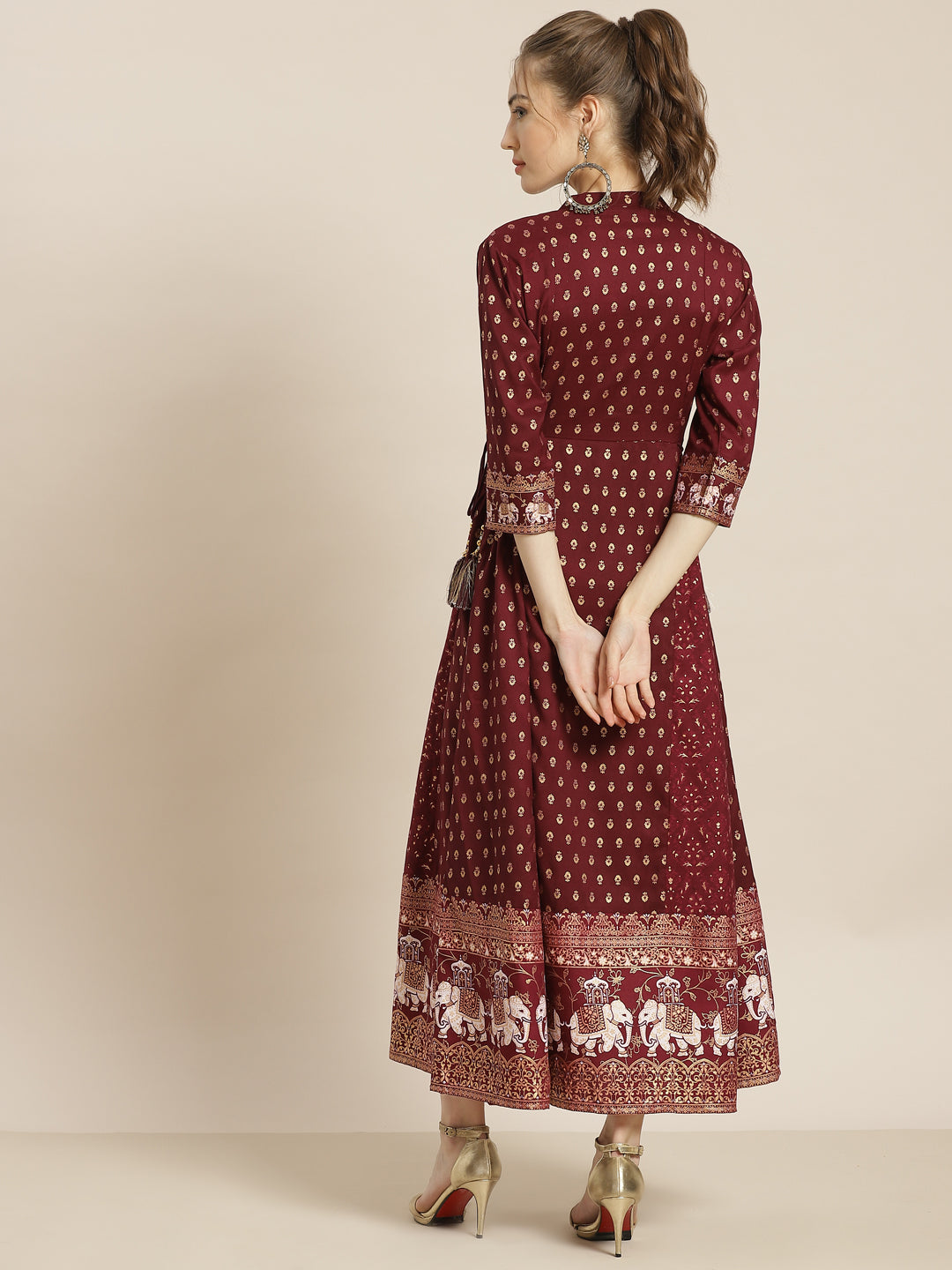 Juniper Womens Wine Rayon Ethnic Motif Foil Printed Festive Flared Maxi Dress