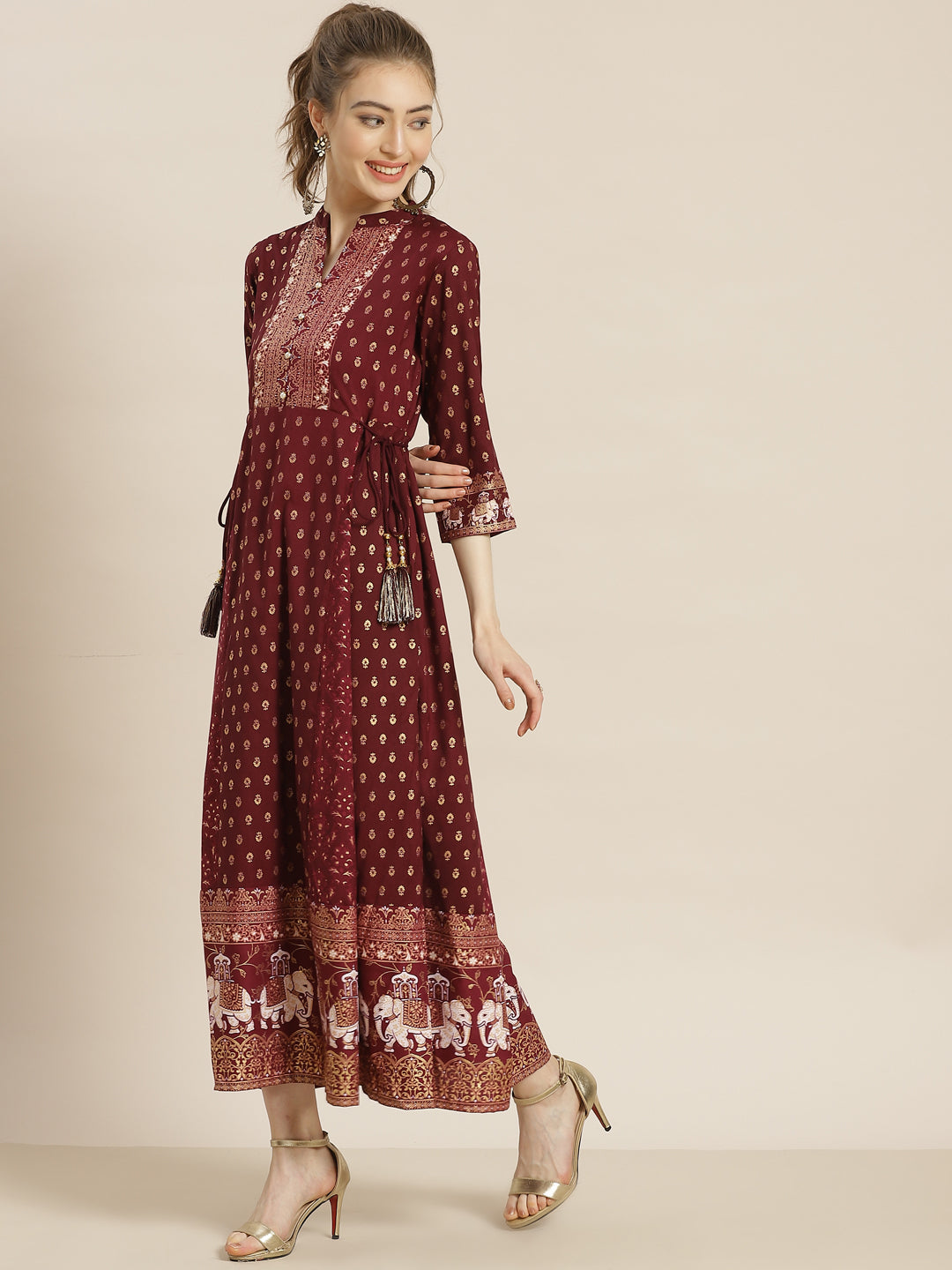 Juniper Womens Wine Rayon Ethnic Motif Foil Printed Festive Flared Maxi Dress