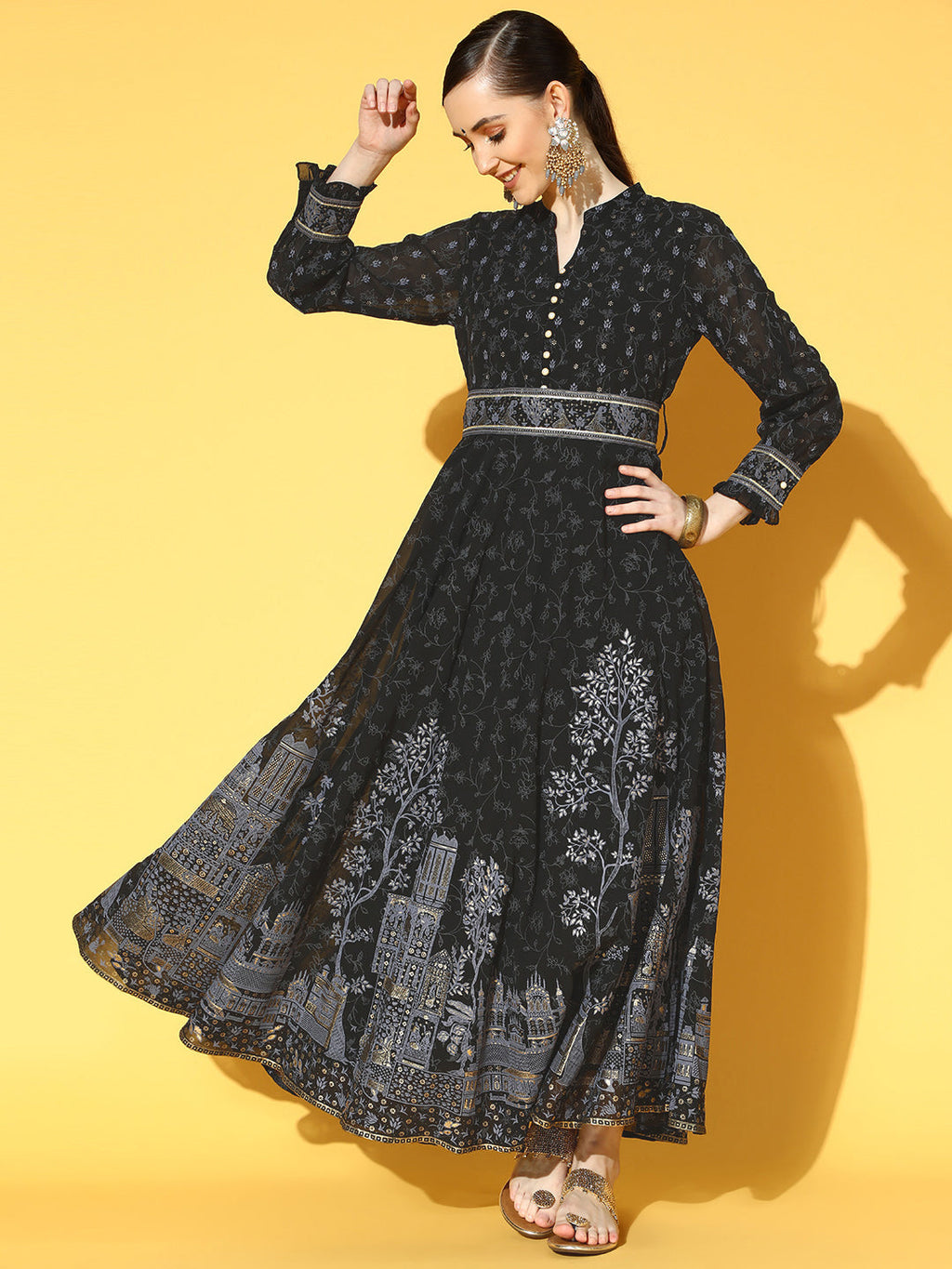 Juniper Women Black Georgette Printed Flared Dress