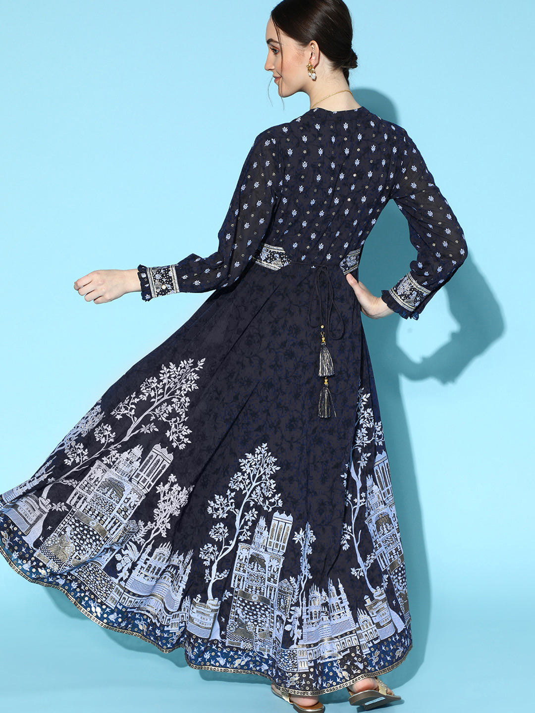 Juniper Women Indigo Georgette Printed Flared Dress