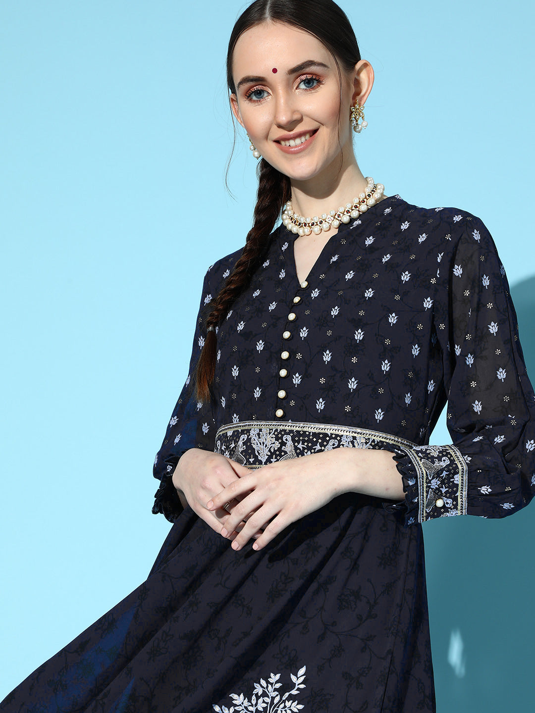 Juniper Women Indigo Georgette Printed Flared Dress