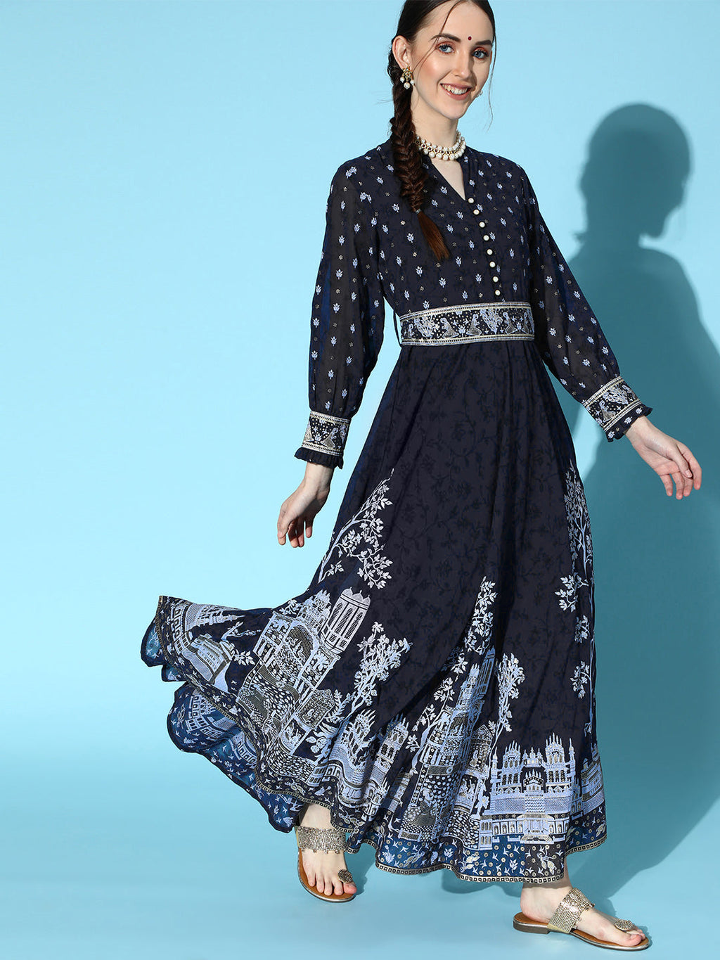 Juniper Women Indigo Georgette Printed Flared Dress