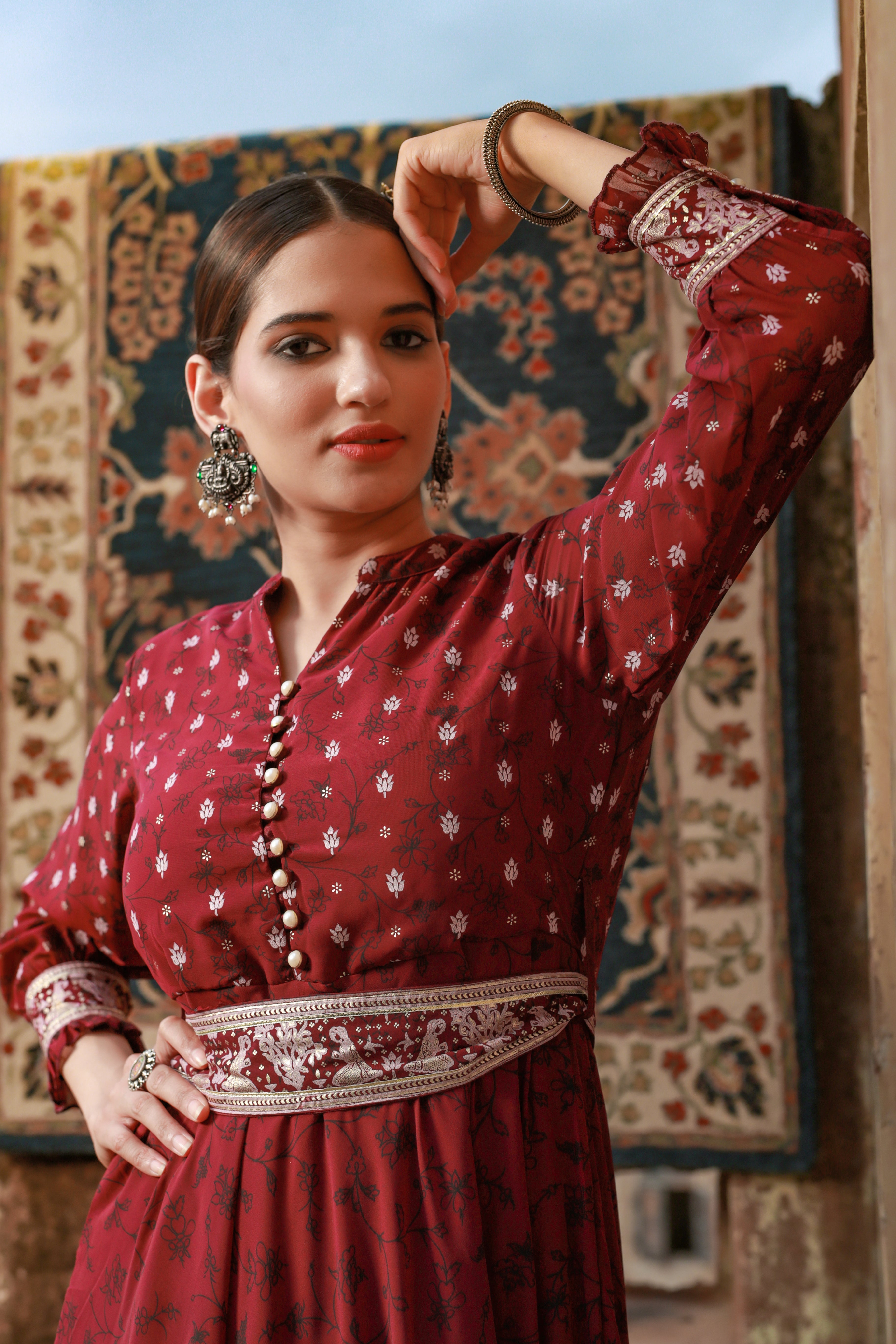 Juniper Women Wine Georgette Printed Flared Dress
