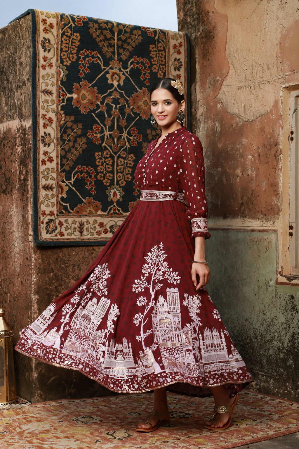 Juniper Women Wine Georgette Printed Flared Dress