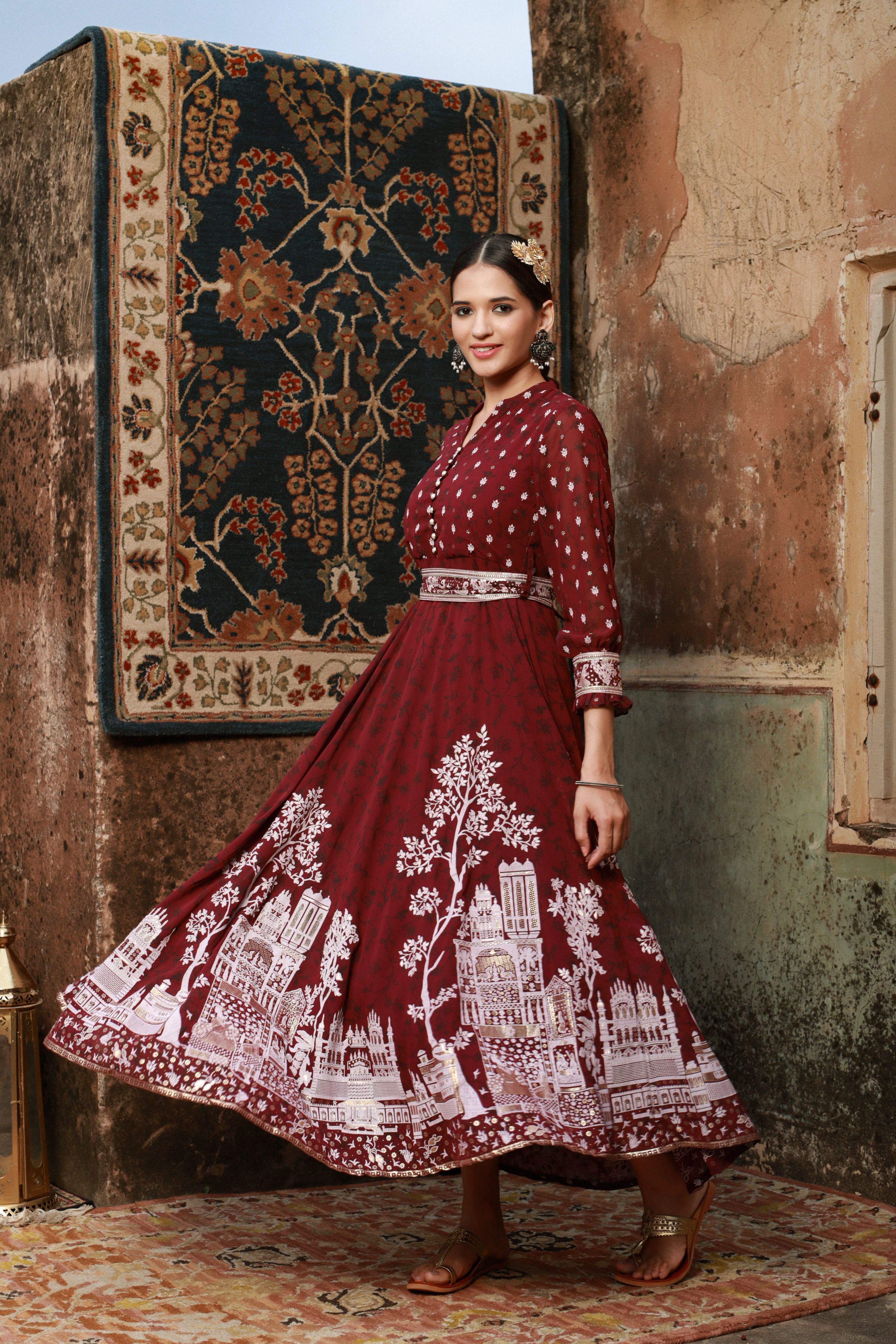 Juniper Women Wine Georgette Printed Flared Dress