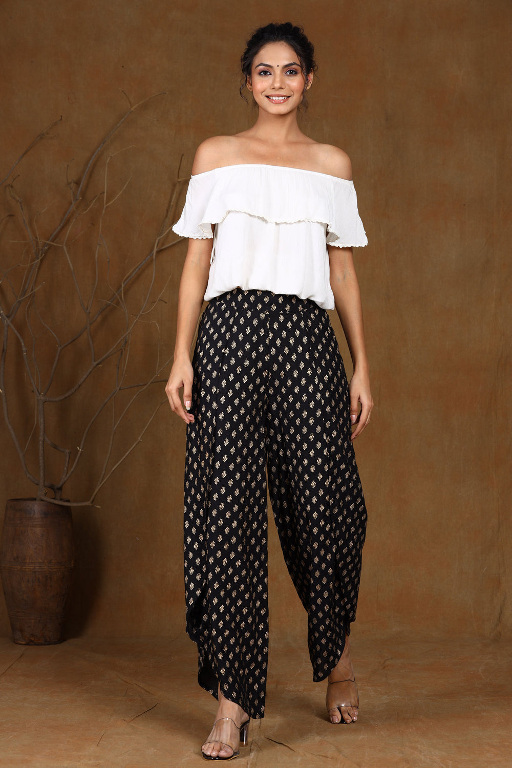 Juniper Women's Black Rayon Printed Tulip Dhoti Pant