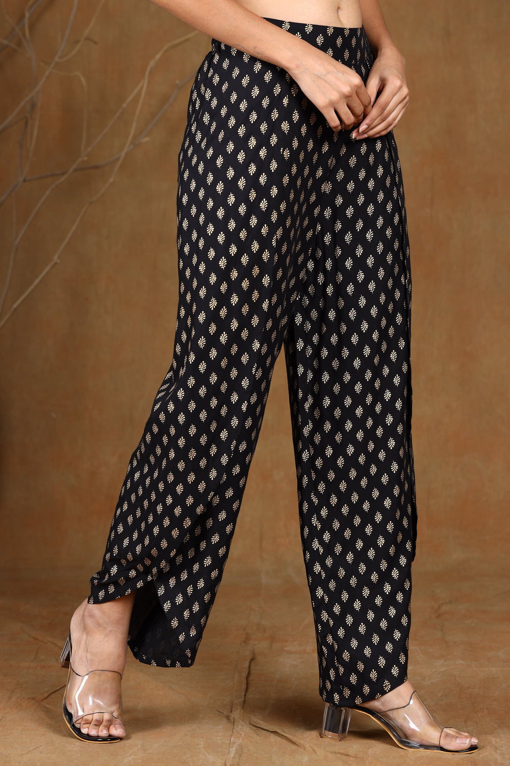Juniper Women's Black Rayon Printed Tulip Dhoti Pant
