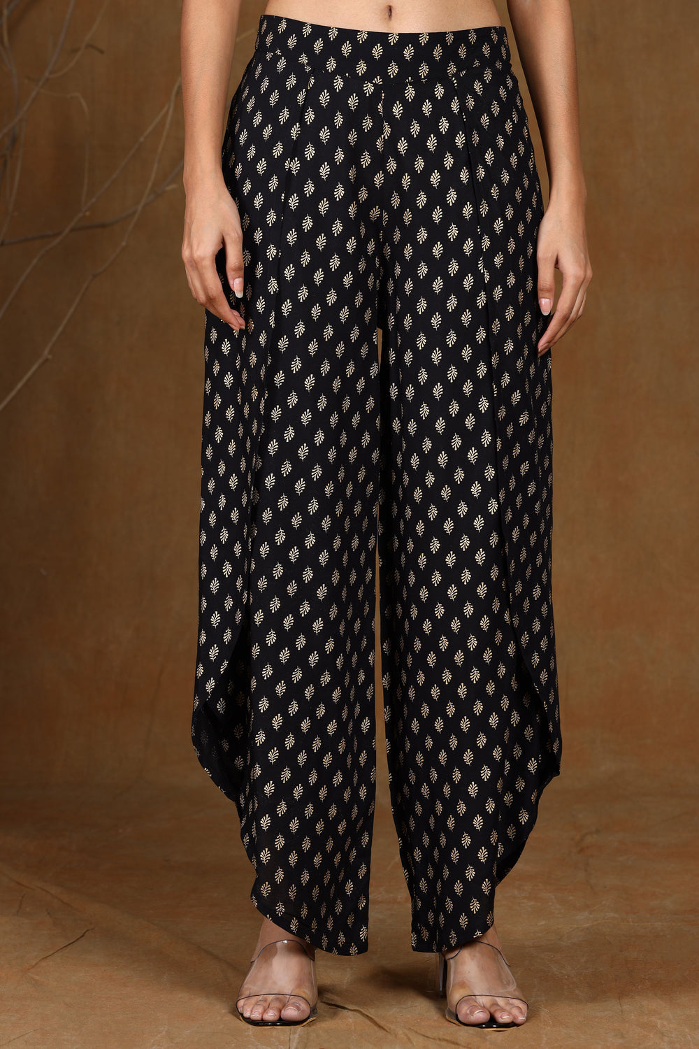Juniper Women's Black Rayon Printed Tulip Dhoti Pant