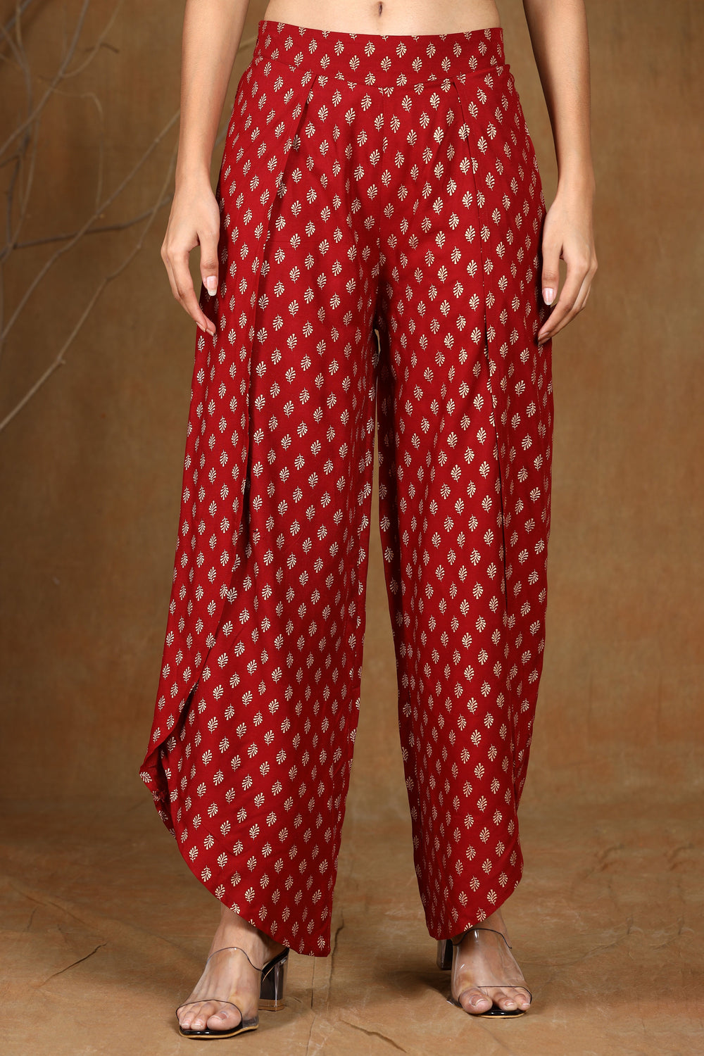 Juniper Women's Maroon Rayon Printed Tulip Dhoti Pant
