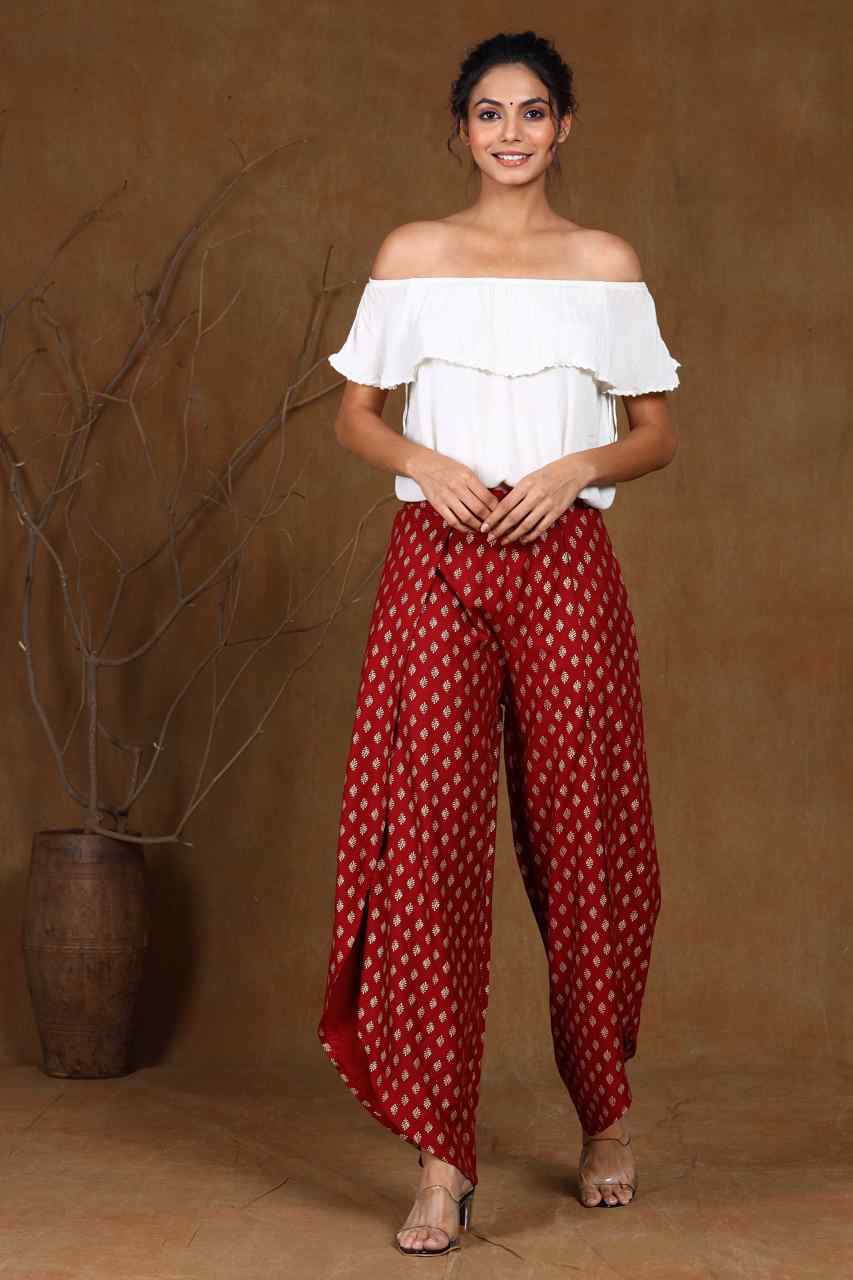 Juniper Women's Maroon Rayon Printed Tulip Dhoti Pant