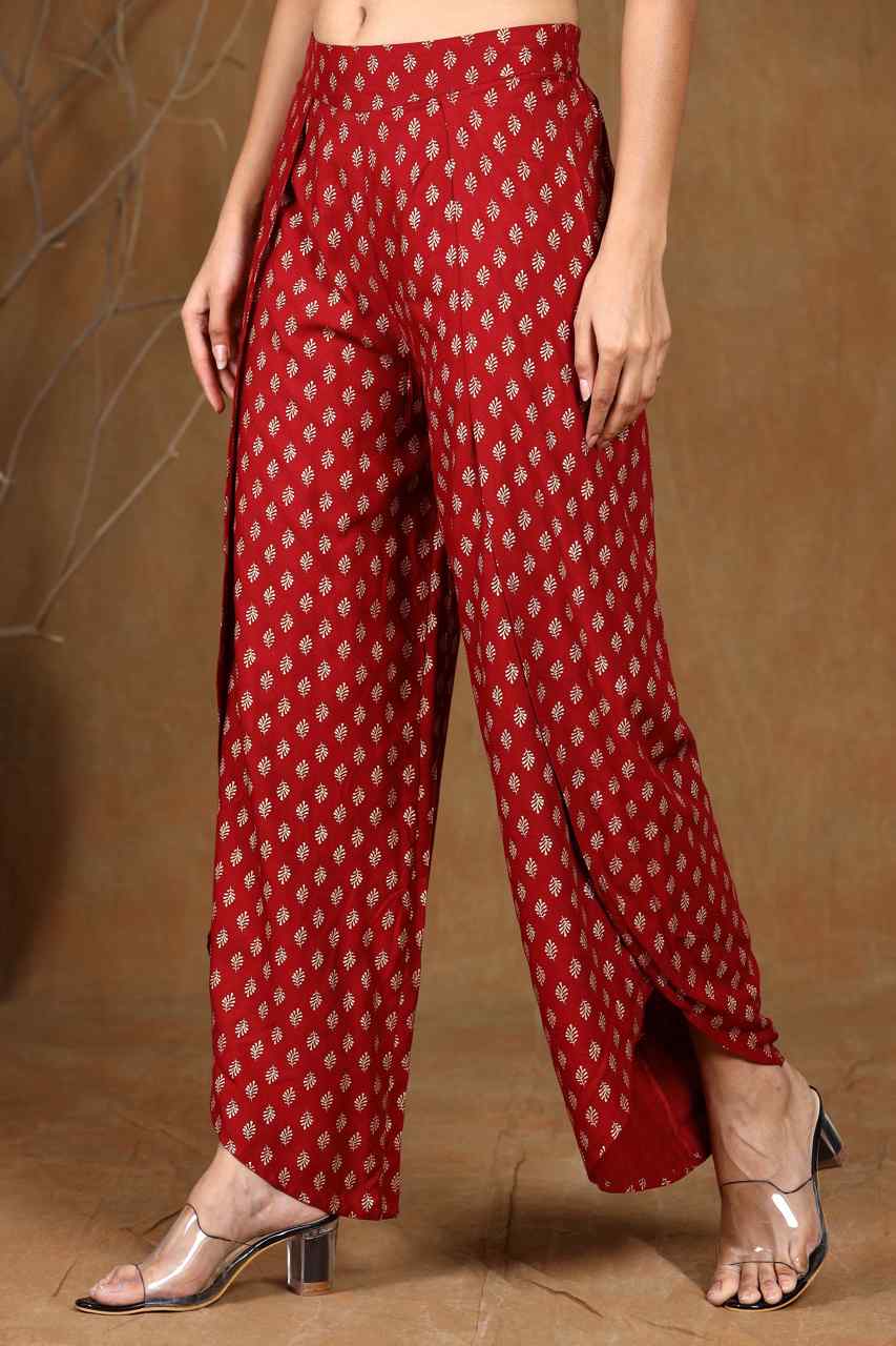 Juniper Women's Maroon Rayon Printed Tulip Dhoti Pant