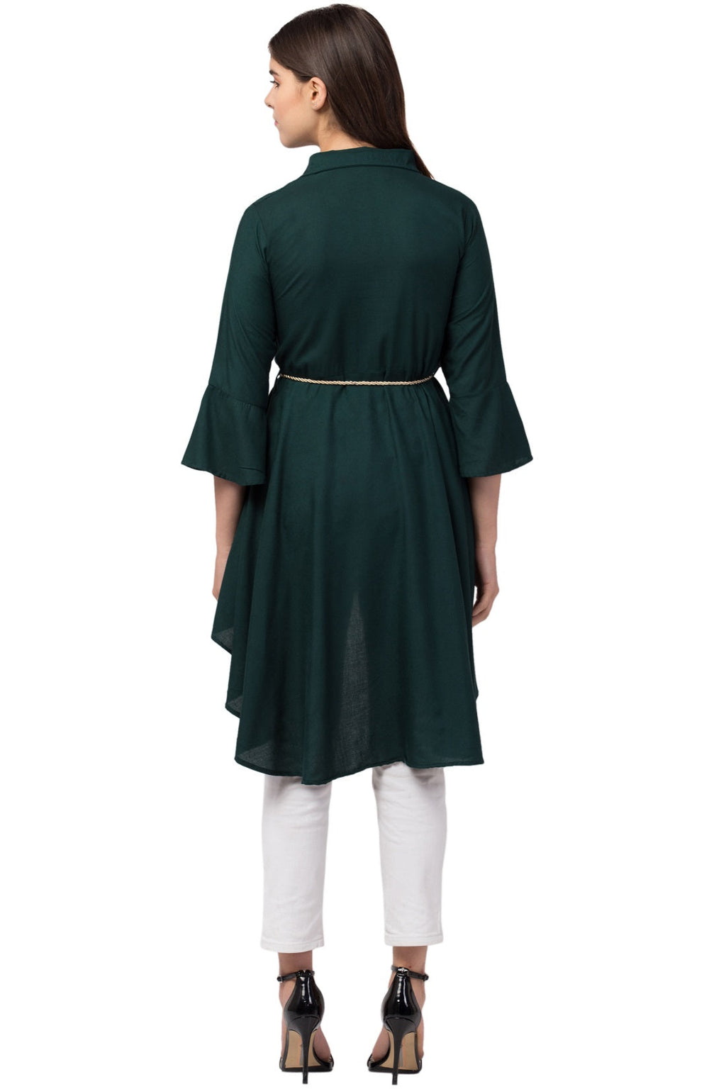 PAVONINE Bottle Green Color High-Low Midi For Girls
