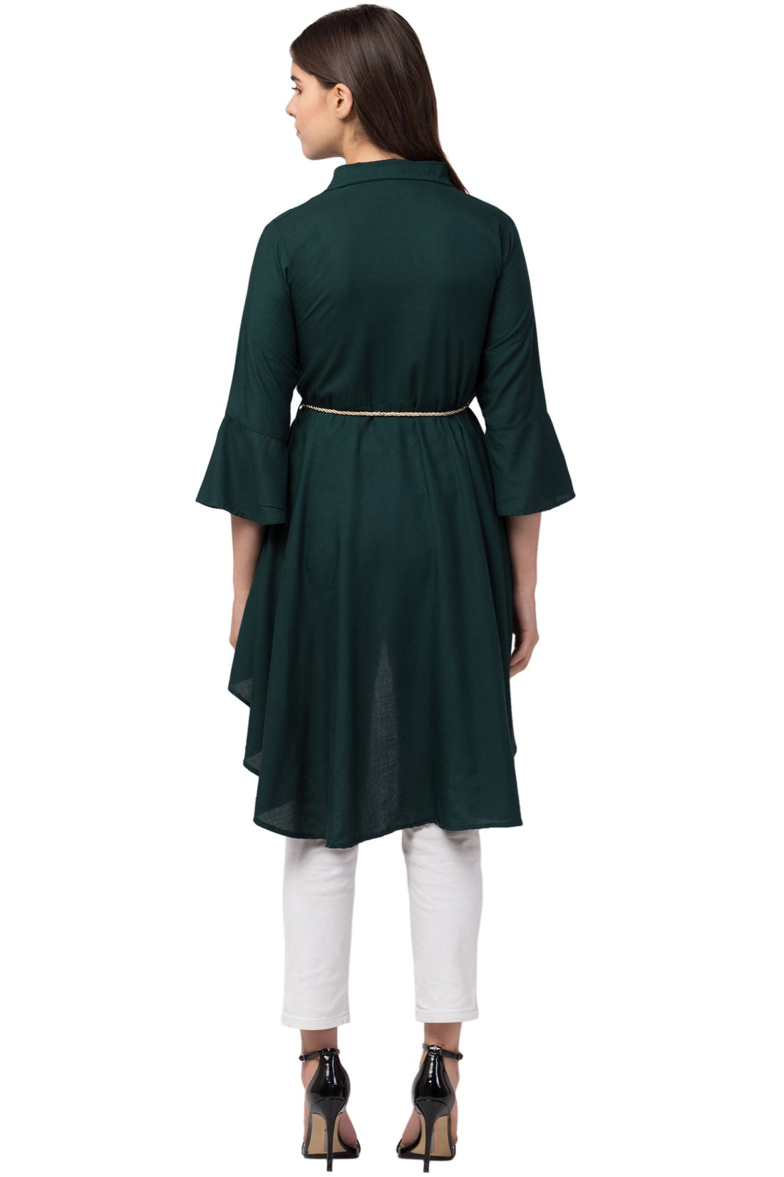 PAVONINE Bottle Green Color High-Low Midi For Girls