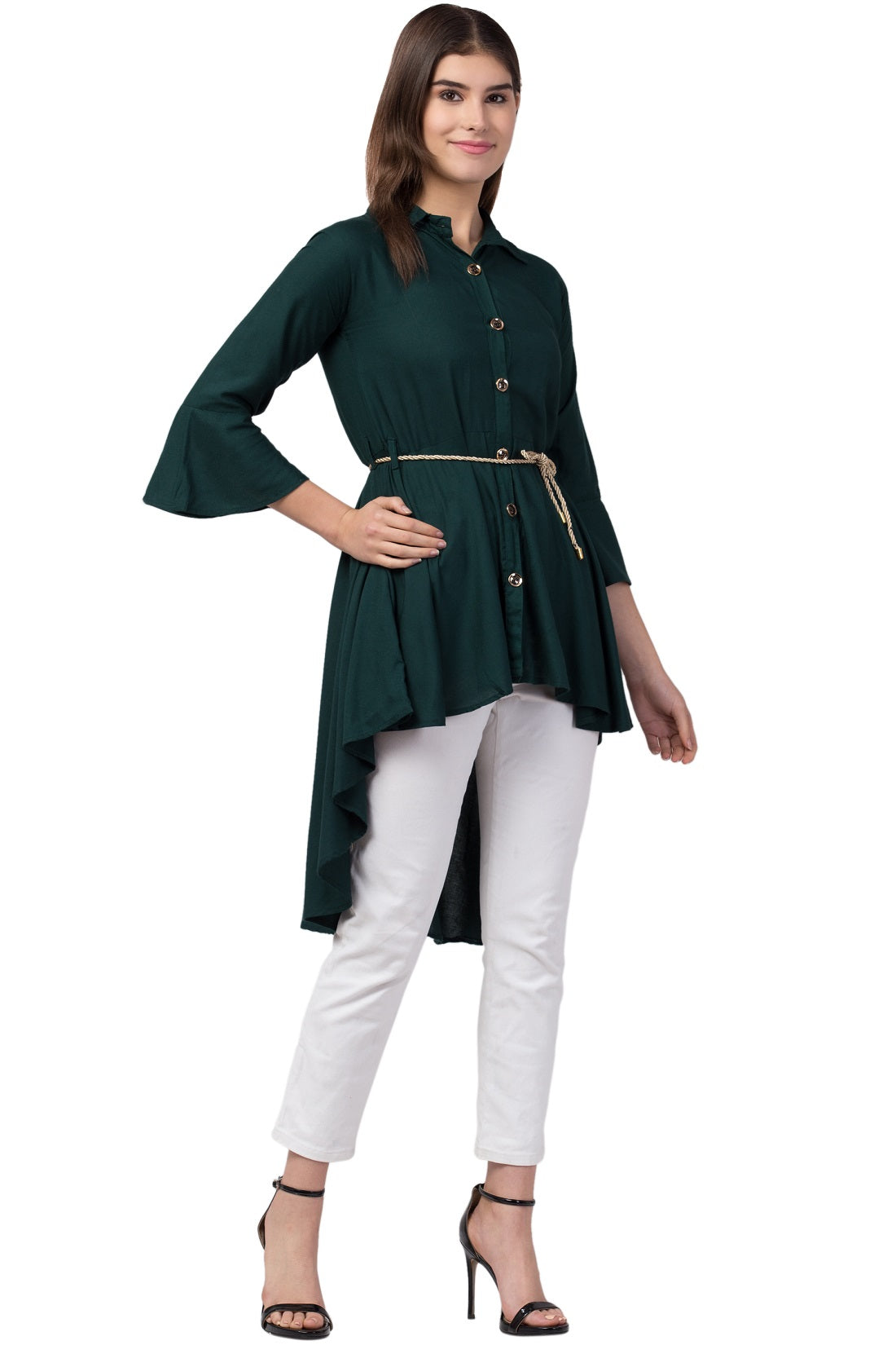PAVONINE Bottle Green Color High-Low Midi For Girls