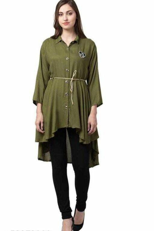 PAVONINE Mehandi Green Color High-Low Midi For Girls