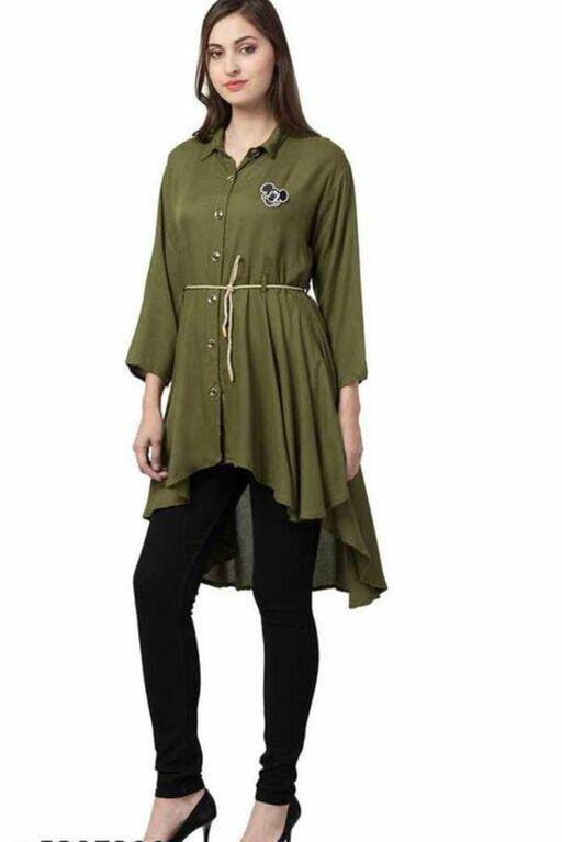 PAVONINE Mehandi Green Color High-Low Midi For Girls