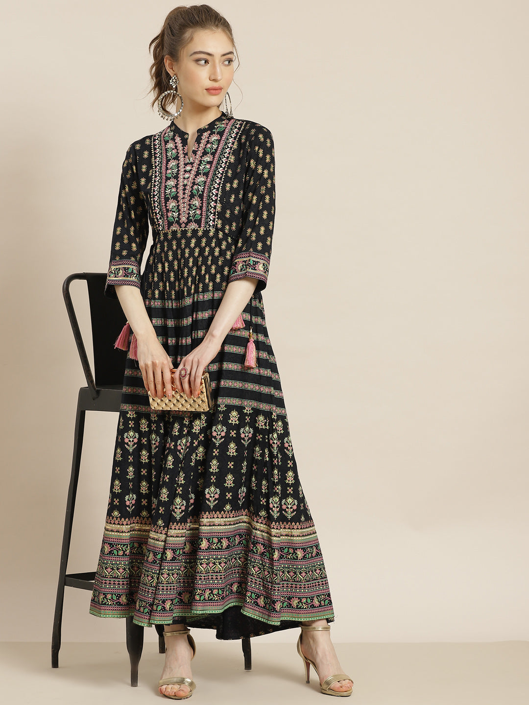 Juniper Womens Dark Blue Foil Printed Circular Maxi Dress With Yoke Embroidery