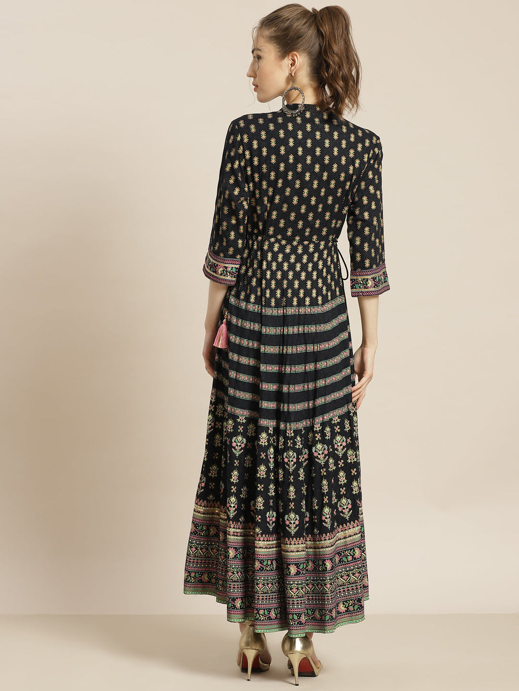 Juniper Womens Dark Blue Foil Printed Circular Maxi Dress With Yoke Embroidery