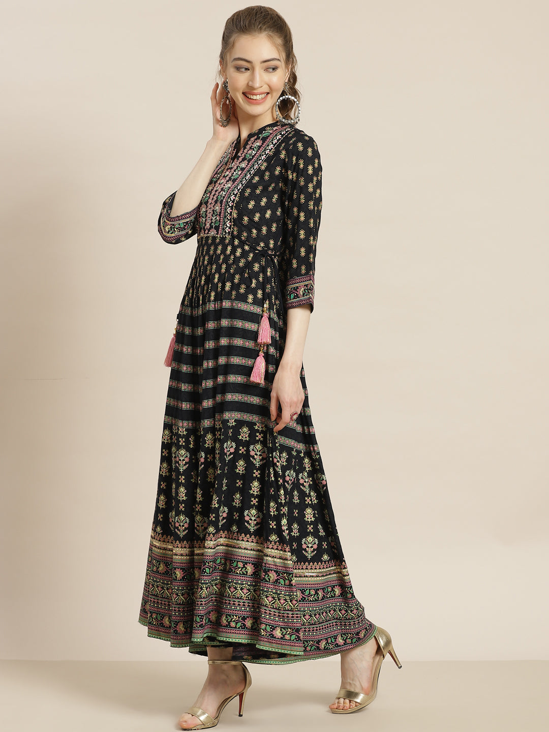 Juniper Womens Dark Blue Foil Printed Circular Maxi Dress With Yoke Embroidery