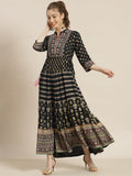 Juniper Womens Dark Blue Foil Printed Circular Maxi Dress With Yoke Embroidery