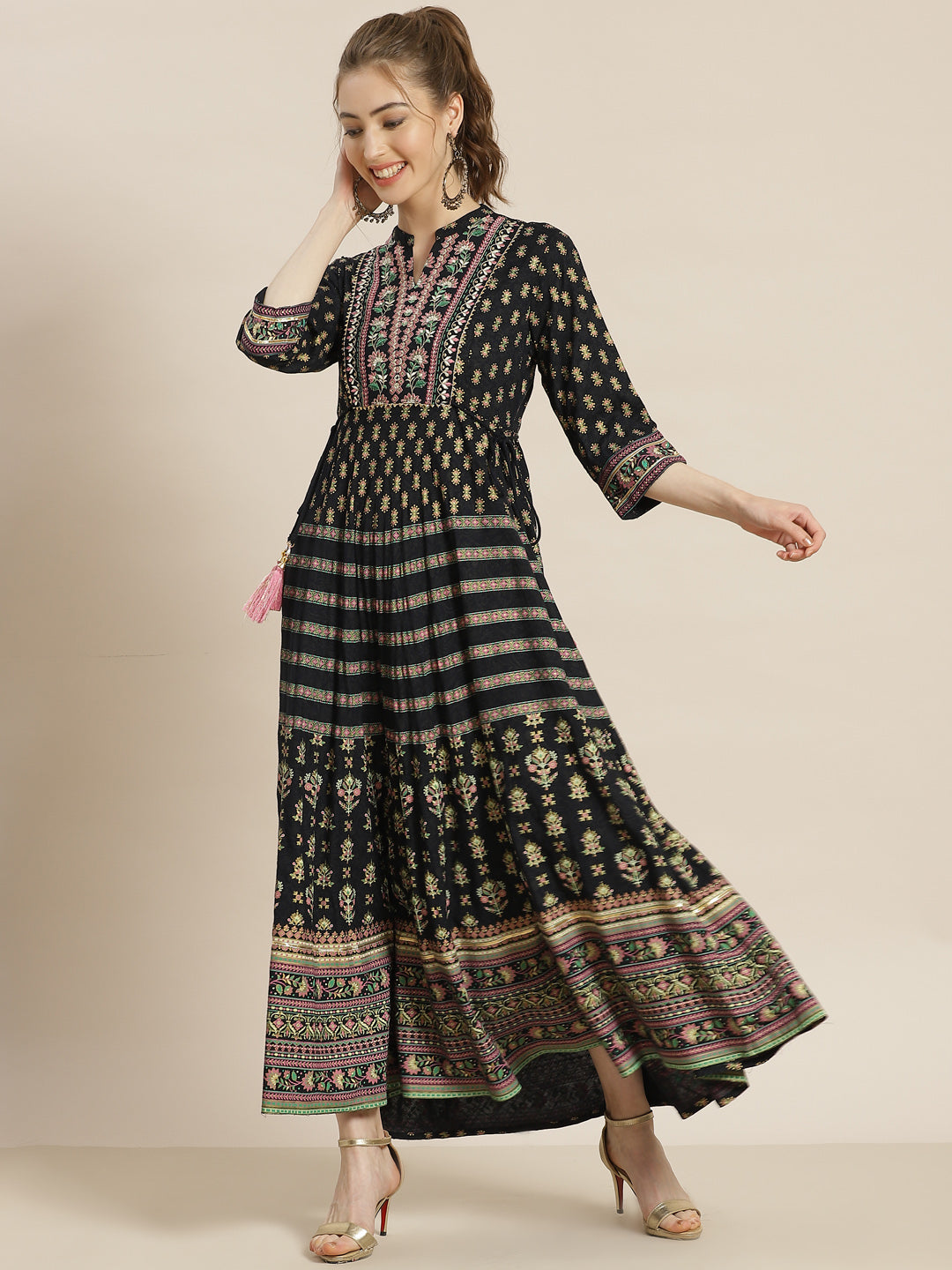 Juniper Womens Dark Blue Foil Printed Circular Maxi Dress With Yoke Embroidery