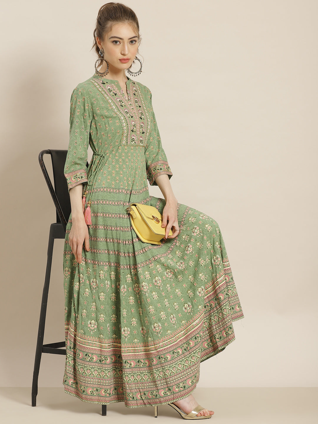 Juniper Womens Pistagreen Foil Printed Circular Maxi Dress With Yoke Embroidery