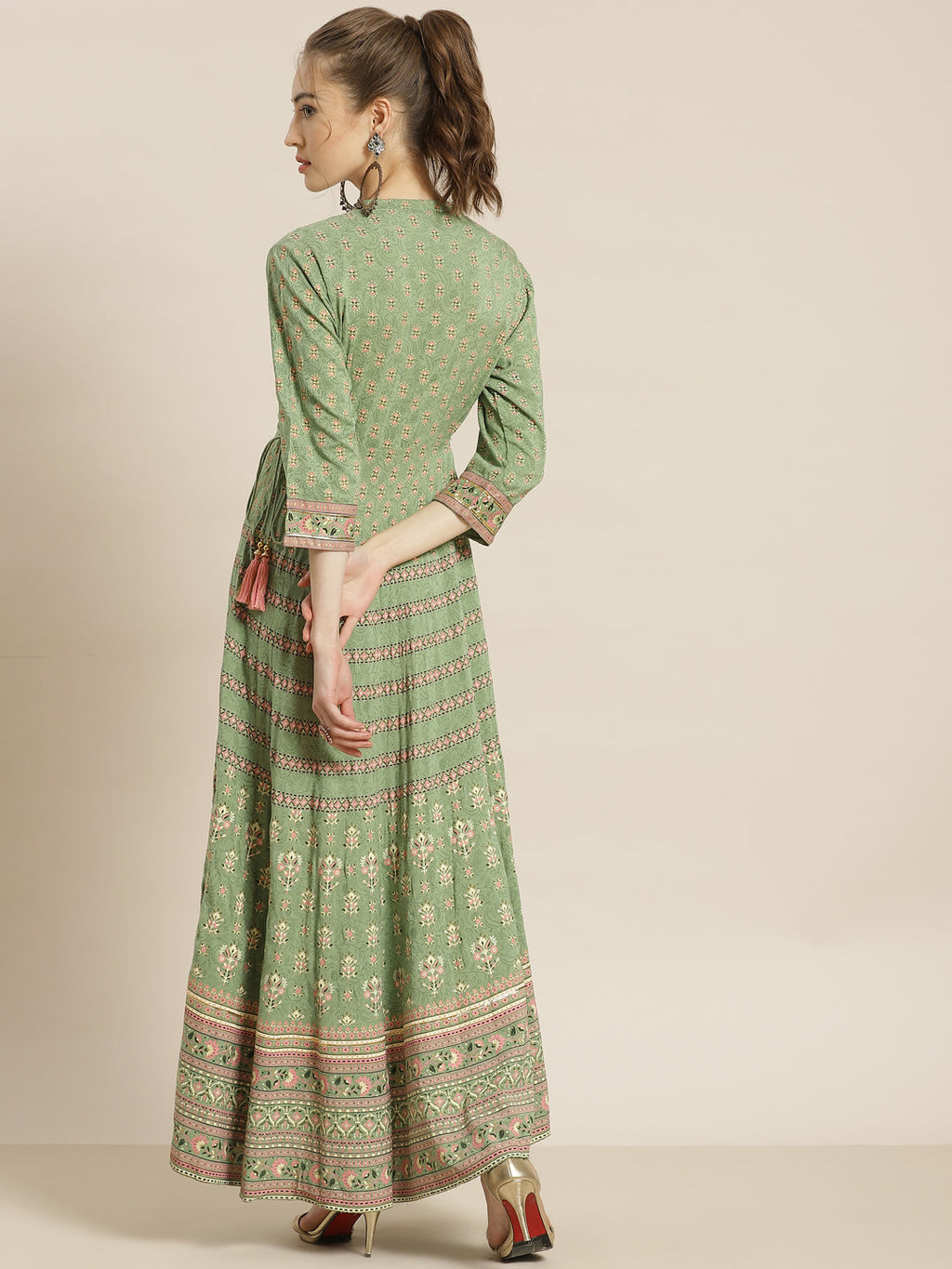 Juniper Womens Pistagreen Foil Printed Circular Maxi Dress With Yoke Embroidery